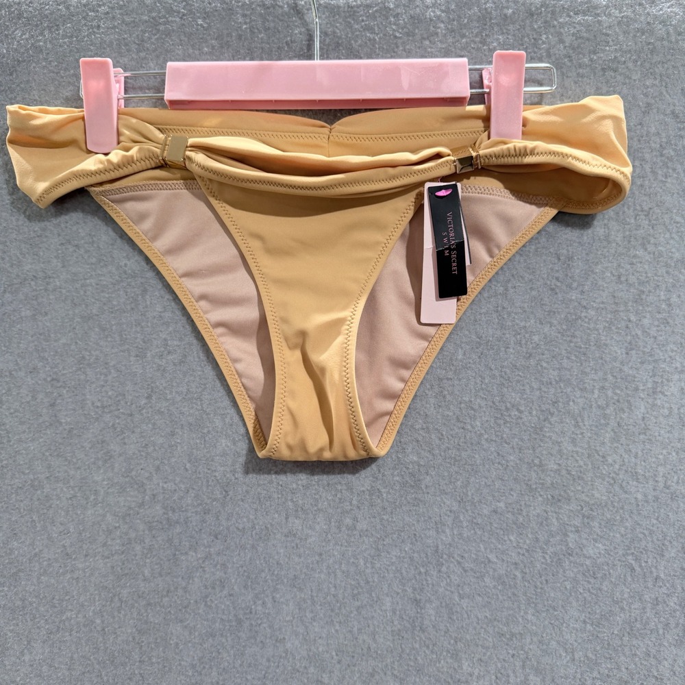 Victoria's Secret Gold Hardware Ruched Bikini Bottom Sand S NWT Glam Resortwear
